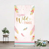 Lofaris Pink Feather Young Wild Three Birthday Rectangle Backdrop